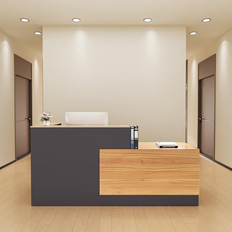 LayBurst L-Shaped Reception Desk with Lockable Drawers, Adjustable File Cabinet & Keyboard Tray, Modern Front Counter for Office, Salon, or Lobby LayBurst