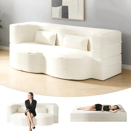 78" Twin Size Convertible Folding Sleeper Sofa Bed, Modern Corduroy Futon Sofa Bed with Pillow, Foam Mattress Loveseat Cloud Couch, No Assembly Floor Couches for Living Room, Playroom, Apartment Beige extrasleep