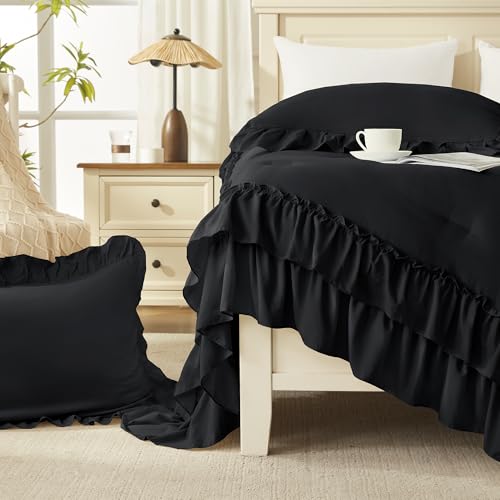 Andency Black King Comforter Set(104x90Inch), 3 Pieces Ruffle Comforter Set with 2 Pillowcases, Farmhouse Shabby Chic Lightweight Fluffy Soft Microfiber All Season Bed Set Andency