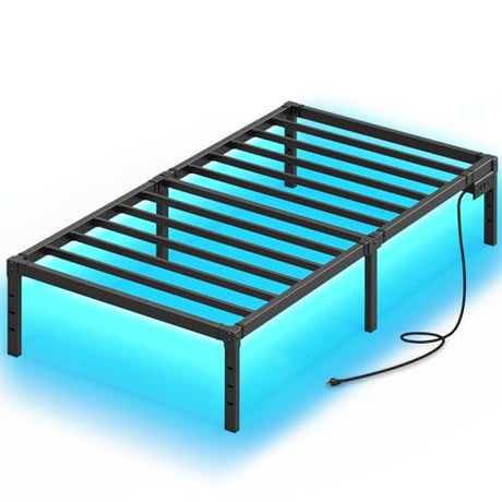 Rolanstar Bed Frame with USB Charging Station, Twin Bed Frame with LED Lights, Platform Bed Frame with Heavy Duty Steel Slats, 14" Storage Space Beneath Bed Rolanstar