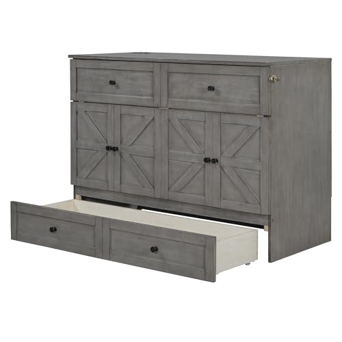 YOPTO Full Size Murphy Bed Chest,Folding Storage Wall Bed with Large Drawers,USB Ports & 2 Three-Prong Outlets,Hidden Cabinet Platform Bed W/Wood Slats Support,for Bedroom,Guest Room,Brushed Gray YOPTO