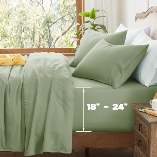 Aormenzy Extra Deep Pocket Queen Sheets - 4 Piece Sage Green Bed Sheet Set - Fits Mattress 18-24 Inches Deep - Ultra-Soft Microfiber Extra Deep Sheet Sets for Women, Men, Kids & Teens Aormenzy