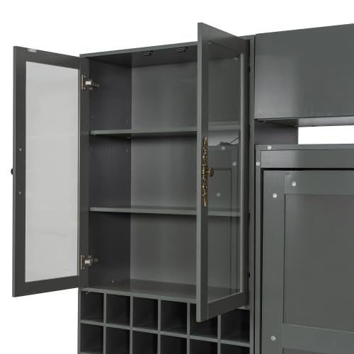 CITYLIGHT Queen Size Murphy Bed with Wine Rack, Storage Cabinet and Shelves, Wooden Wall Bed Frame with Sofa, USB Ports and LED Lights (Gray) CITYLIGHT