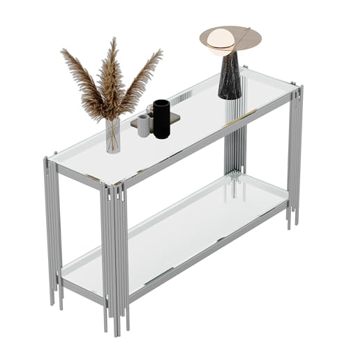 Goujxcy Modern Glass Console Table 55" Silver Entryway Table with Tempered Glass Top and Mirror Stainless Steel Legs,Luxury Rectangular Sofa Table for Living Room Hallway Corridor Table (Silver) Goujxcy