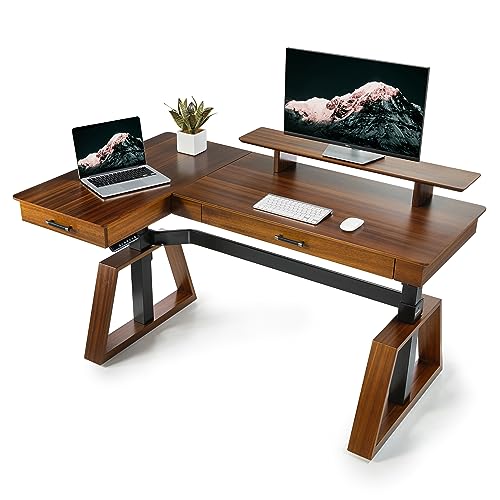 EUREKA ERGONOMIC L Shaped Desk 63", Solid Walnut Wood Top, Executive Standing Desk Adjustable Height, Dual Motor Corner Workstation with Drawers & Monitor Shelf for Home Office, Left EUREKA ERGONOMIC