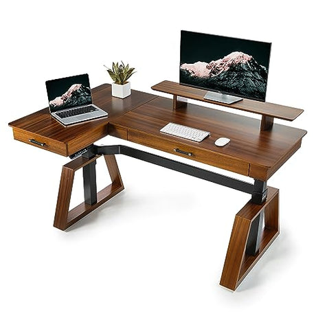 EUREKA ERGONOMIC L Shaped Desk 63", Solid Walnut Wood Top, Executive Standing Desk Adjustable Height, Dual Motor Corner Workstation with Drawers & Monitor Shelf for Home Office, Left EUREKA ERGONOMIC