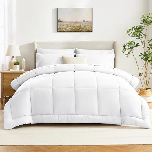CozyLux Twin Comforter Set with Sheets White, 5 Pieces Bed in a Bag, White Comforter Twin Size, All Season Bedding Set with Stitch Quilted Comforter, Flat Sheet, Fitted Sheet, Pillowcases CozyLux