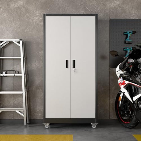 Aobabo 71" H×32" W×16" D Metal Storage Cabinet with Wheels, Garage Steel Storage Cabinet with 5 Adjustable Shelves and 4 Hooks for Home Office,Kitchen, Black Silver,Assembly Required Aobabo
