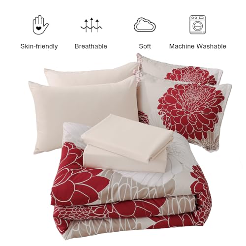 Yiran 7 Pieces Queen Comforter Set Red Floral Bed in a Bag Soft Microfiber Bedding Set 90"×90"(1 Comforter 1 Flat Sheet 1 Fitted Sheet 2 Pillowshams 2 Pillowcases) Yiran