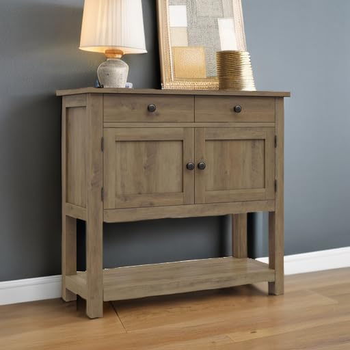 HOSTACK Farmhouse Console Table with 2-Door Cabinet & 2 Drawers, Coffee Bar, Entryway Table with Storage Shelf, Sofa Tables Buffet Sideboard for Kitchen, Hallway, Dining, Living Room, Rustic Brown HOSTACK