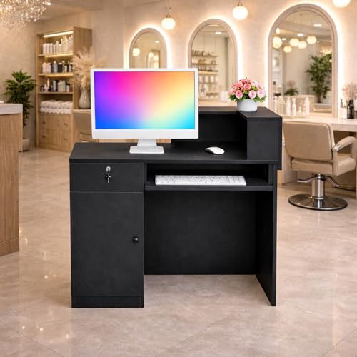 Modern Reception Desk with Storage Drawer & Counter Shelf, 39.4" Front Counter Reception Table for Office, Salon, Lobby, Retail Store (Black, Left Table)
