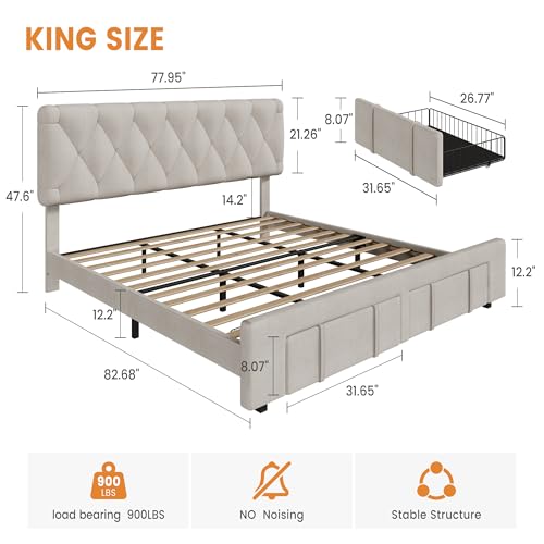 Garvee King Size Bed Frame, Upholstered Platform Bed Frame with Storage Drawers, Mattress Foundation with Solid Wooden Slats Support, No Box Spring Needed, Beige Garvee