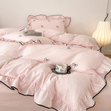 AOJIM Chic Pink Duvet Cover Set 3-Piece with Bow Pattern for Kids Adults, Twin Size Brushed Microfiber Ruffled Bedding Set, 1 Soft Comforter Cover and 2 Pillowcases, for All Seasons AOJIM