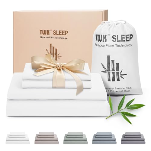 TWK Luxury Sheet Set, Genuine 100% Organic Viscose Derived from Bamboo, Cooling & Breathable, Silky Soft, Bedding Sheets & Pillowcases (White, Queen) TWK