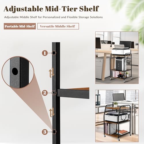 Vividwood Printer Stand - Large 3 Tier Printer Table with Adjustable Storage Shelf - Rolling Printer Cart with Wheels -Stable Desk for Printer Home Office Use (Rustic Brown) Vividwood