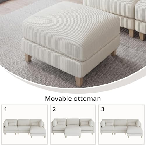 LIKIMIO 91.1" Modern L-Shaped Sectional Sofa for Living Room, 3-Seater Comfy Couch with Deep Seat and Movable Ottoman, Corduroy Upholstered Modular Sofa, Beige LIKIMIO