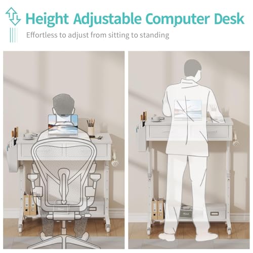 WINAZ Small White Portable Adjustable Rolling Kids Desk with Drawers & Storage Shelf, 32 Inch Mobile Standing Vanity Desks with Wheels, Couch Sofa Side Laptop Craft Table for Bedroom Home Office WINAZ