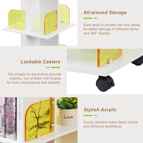 VECELO 4-Tier Rotating Corner Bookshelf with Wheels and Acrylic Dividers - Stylish Storage Solution for Home and Office VECELO