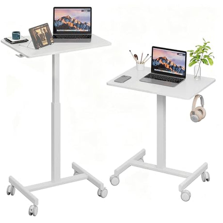 Gamork 18.9 * 25.6 inch Mobile Standing Desk,T Shaped Pneumatic Adjustable Height Stand Up Desk,with Lockable Wheels,Ergonomic Standing Side Table for Home Office Work Computer Workstation White Gamork