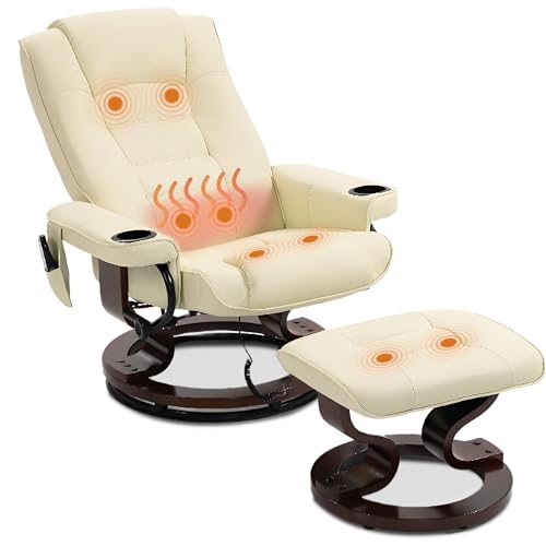 WENTUM 8-Point Massage Recliner with Ottoman, Heated PU Leather Reclining Chair w/Solid Wood Base, Indoor Lounge TV Chair with Footrest for Living Room and Bedroom, Beige WENTUM