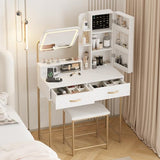 Fameill Vanity Desk with Mirror and Lights, White Makeup Table and Chair Set with 2 Storage Drawers&Cabinet&Shelves, Small Vanity Desk for Bedroom, 3 Lighting Mode Fameill