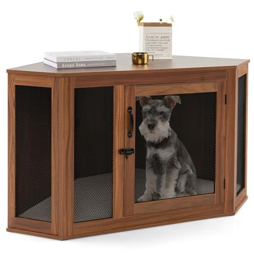 PETSITE Corner Dog Crate Furniture with Cushion, Wooden Pet Kennel with Mesh for Small & Medium Dogs, Indoor Puppy House Pet Crate for Limited Room, Apartment