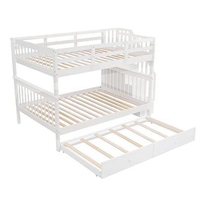 MERITLINE Wooden Bunk Bed Frame, Full Over Full Bunk Bed with Trundle, Bunk Beds with Stairs Full Size, Trundle Bunk Beds, Convertible Bunk Bed for Kids(White)