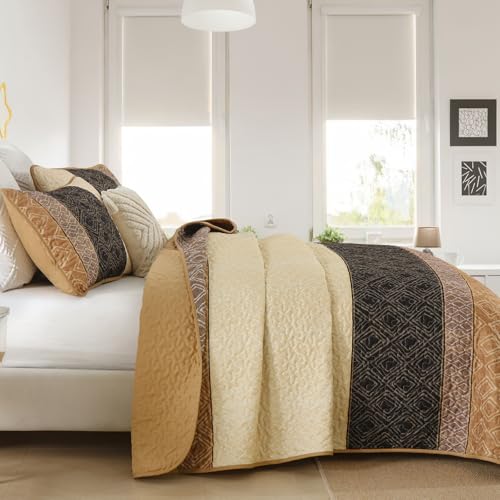 Cottolester Fall Quilt Set Queen Size 3 Pieces,Brown Striped Bedspread,Boho Plaid Bedding Set Soft Microfiber Quilt with 2 Pillow Shams 96"x90" Cottolester