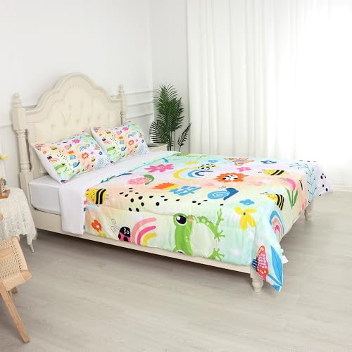 FUYEUN Rainbow Comforter Sets Twin Size Cartoon Floral Frogs Bedding Set for Girls Kids Children Boys Butterfly Flowers Bees Insects Cute Kawaii Quilt 1 Comforter + 1 Pillow Case FUYEUN