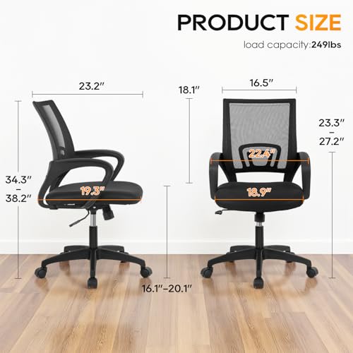 BestOffice | Ergonomic Office Chair | Mid-Back Swivel Desk Chair | Breathable Backrest & Lumbar Support | Adjustable Height | Sponge Seat | Rolling Wheels | Dark Black | for Adults & Women BestOffice