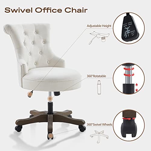 Batohom Home Office Chair Adjustable Height Swivel Chair with Wheels Linen Fabric Upholstered Computer Desk Chair with Wooden Legs Comfortable Armless Chair for Home Office Study Studio(Beige - WoodArtSupply