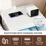 ansefe Night Stand with Charging Station and Ambient Light, LED Nightstand with USB-C Ports and Outlets, Morden Bedside Table with 2 Drawers and Open Compartment, End Table for Bedroom, White ansefe