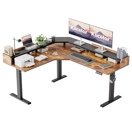 Klicelor L Shaped Standing Desk with Shelf, 63 x 55 inch Height Adjustable Corner Desk, Sit-Stand Workstation with Memory, 264lbs Load Capacity, Rustic Brown Klicelor