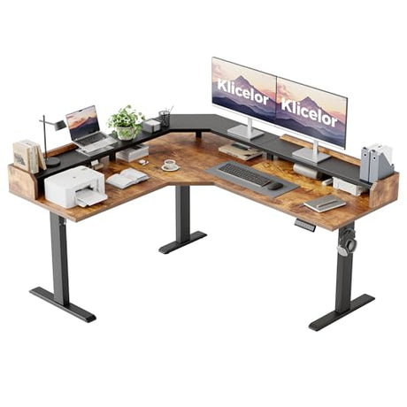 Klicelor L Shaped Standing Desk with Shelf, 63 x 55 inch Height Adjustable Corner Desk, Sit-Stand Workstation with Memory, 264lbs Load Capacity, Rustic Brown Klicelor