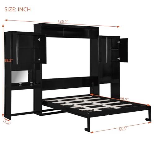 Quarte Queen Size Murphy Bed with Cabinet, Desk & Vanity - Space-Saving Wall Bed Furniture for Small Rooms,Multi-Functional Fold-Down Bed with Storage (Espresso#V) Quarte
