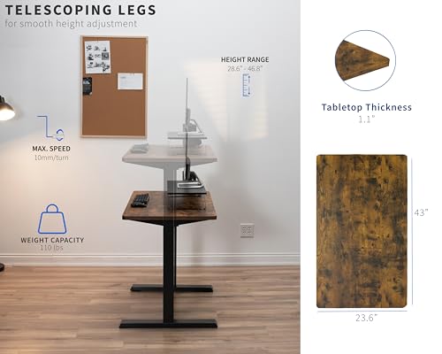 VIVO Manual Height Adjustable 43 x 24 inch Stand Up Desk, Rustic Vintage Brown Solid One-Piece Table Top, Black Frame, Standing Workstation with Foldable Handle, DESK-KIT-MB4N VIVO