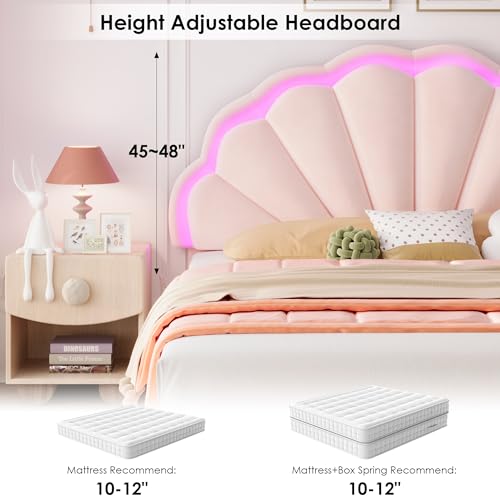 HIFIT Queen Upholstered Smart LED Bed Frame with 2 Storage Drawers & Adjustable Chic Double Petal Headboard, Velvet Princess Platform Bed with Solid