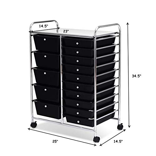 15 Drawer Rolling Storage Cart, Mobile Utility Cart with Lockable Wheels, Drawers, Multipurpose Organizer Cart for Home, Office, School, Black COSTWAY