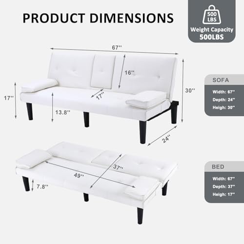 AnoYishev Futon Sofa Bed PU Leather Modern Convertible Futon Couch with Removable Armrests, Cup Holders, Loveseat Sleeper Sofa Bed for Living Room, Apartment, Small Spaces (White) AnoYishev