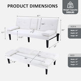 AnoYishev Futon Sofa Bed PU Leather Modern Convertible Futon Couch with Removable Armrests, Cup Holders, Loveseat Sleeper Sofa Bed for Living Room, Apartment, Small Spaces (White) AnoYishev