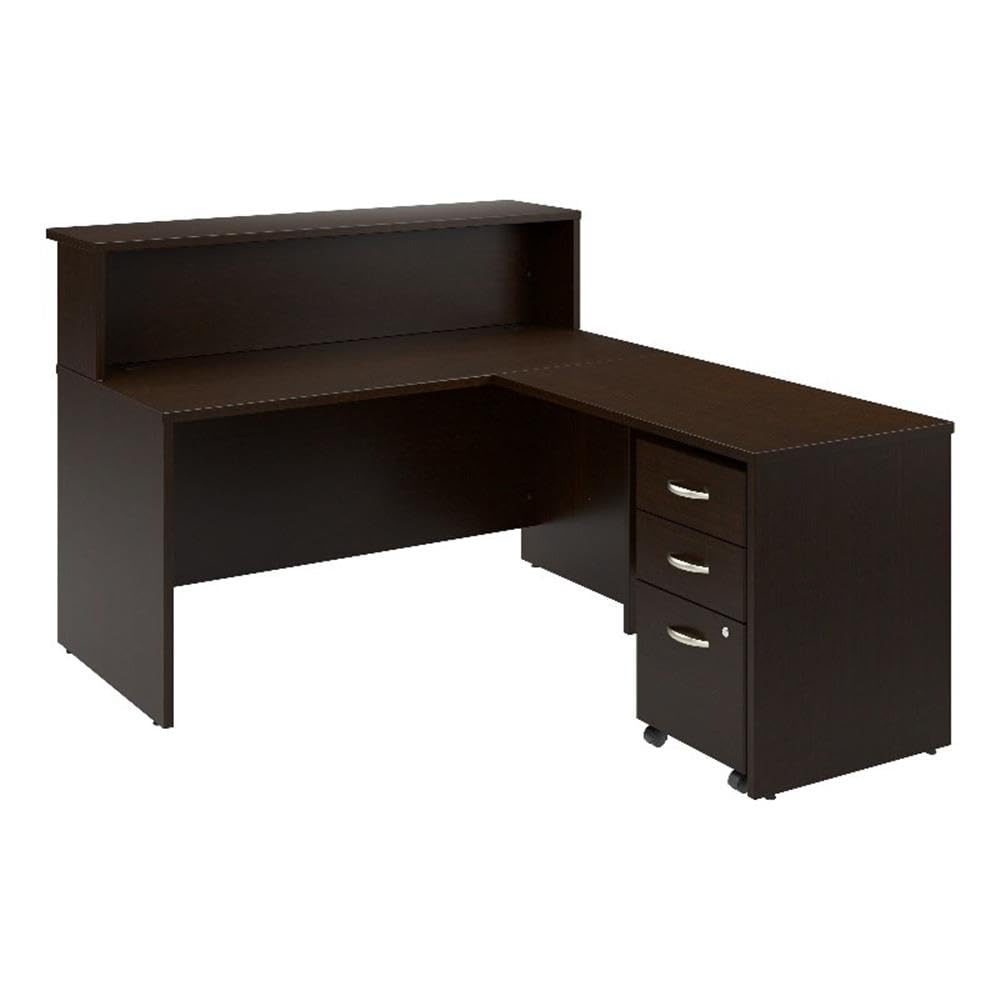 Bush Business Furniture Arrive 60W x 72D L Shaped Reception Desk with Shelf and Mobile File Cabinet in Mocha Cherry Bush Furniture