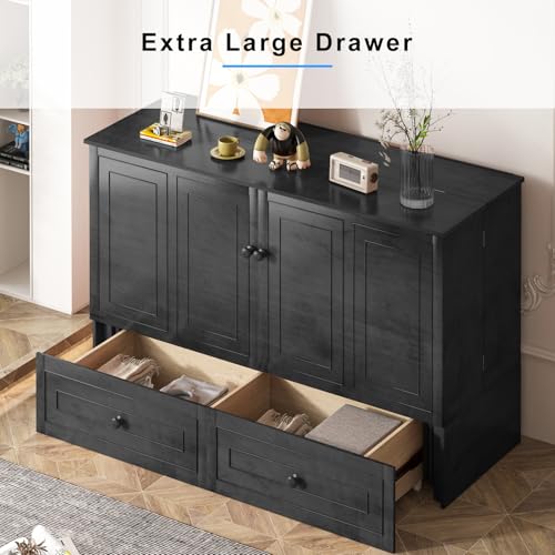 PUREMIND Queen Murphy Bed with Mattress Included - Solid Wood - Hideaway Chest Beds with 2 Storage Drawers, USB Charging Ports - Space Saving Murphy Cabinet Bed for Guest Room, Bedroom PUREMIND