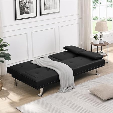 anwickjeff Convertible Folding Futon Sofa Bed with Metal Legs & 2 Cupholders, Modern New Upholstered Couch Loveseat Sleeper, Folding Couches Bed, Removable Armrests for Small Spaces (Black) anwickjeff