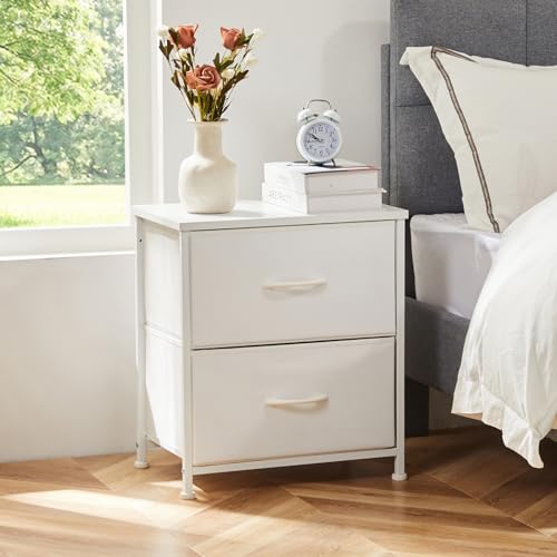 Sweetcrispy Nightstand with 2 Storage Drawers, 20" Height Small Bed Side Furniture End Table, Wooden Top Fabric Cabinet Kids Night Stand Mini Dresser for Bedroom, Closet, Entryway, Dorm, White Sweetcrispy