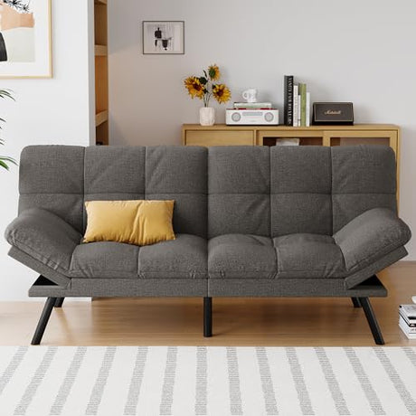 AMICLIBER Futon Sofa Bed Convertible Couch, Grey Linen Sofa Bed with Memory Foam, Adjustable Backrest & Armrests, Multifunctional Small Loveseat Sleeper Sofa for Living Room, Apartment, Office AMICLIBER