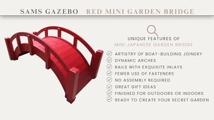 SamsGazebos Miniature Japanese Wood Garden Bridge, Red, Assembled, 25" Long X 11" Tall X 11-1/2" Wide, Made in USA - WoodArtSupply