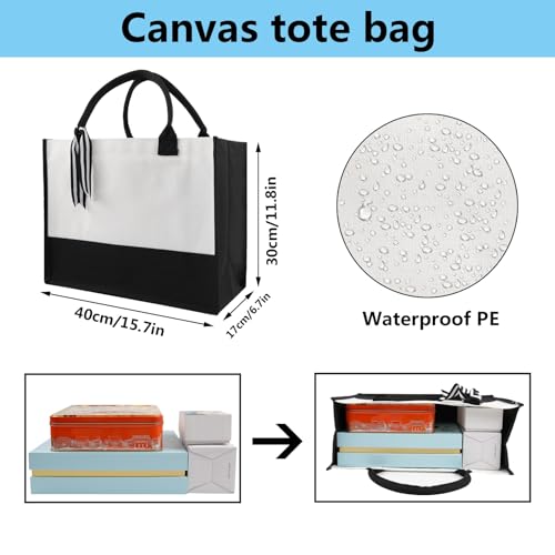 OKBA 10 PCS classic black and white patchwork canvas tote bags, DIY personalized blank beach shopping bag for women, Mom, friend birthday gift OKBA