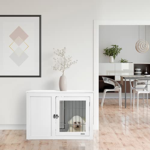 PawHut Dog Crate Furniture Wire Indoor Pet Kennel Cage, End Table with Double Doors, Locks for Small and Medium Dog House, White - WoodArtSupply