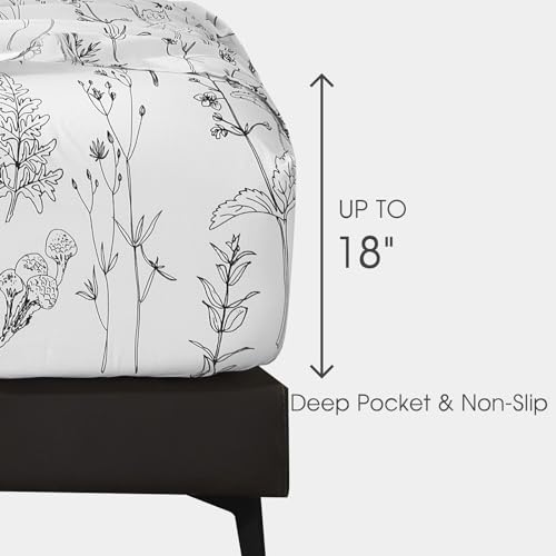 HYPREST Floral Bed Sheets King Size, 18 inches Deep Pocket Sheets 1800 Thread Count, Black and White Leaf Sheet Set Soft Breathable Cute Aesthetic Sheets Shabby Chic Bed Sheets,Oeko-Tex Certificated HYPREST