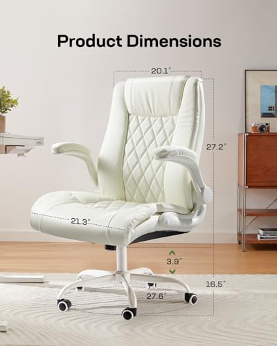 Marsail Executive Office Chair with Flip-up Armrests,PU Leather Ergonomic Desk Chair Height-Adjustable Swivel Rolling Desk Chair (White) Marsail